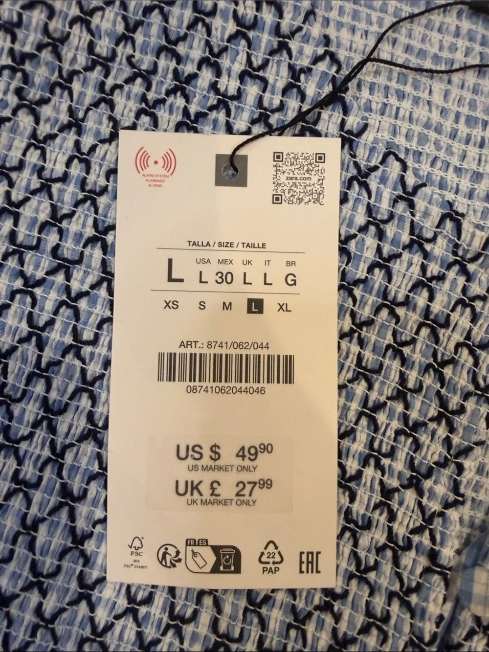 Zara Blue and White Checked Smocked Top Size Large NWT - C30-085 - Picture 4 of 7